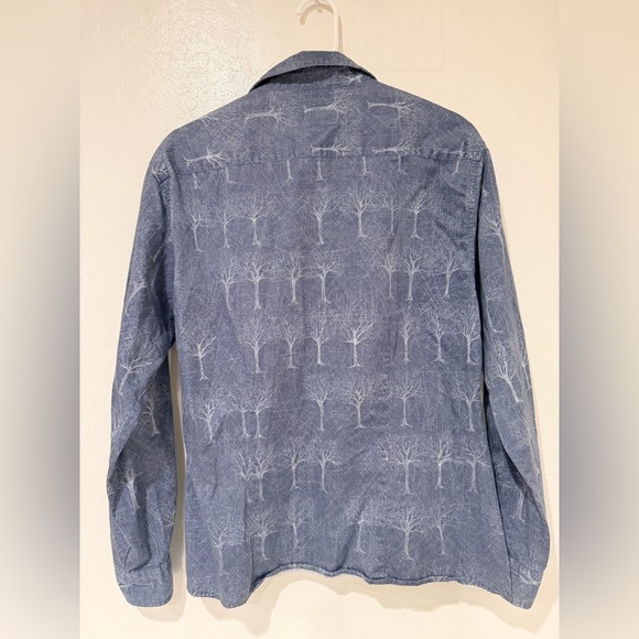 Woolrich Blue Printed Tree Pattern Long Sleeve Button Up 100% Cotton Shirt sizeL - Picture 4 of 9